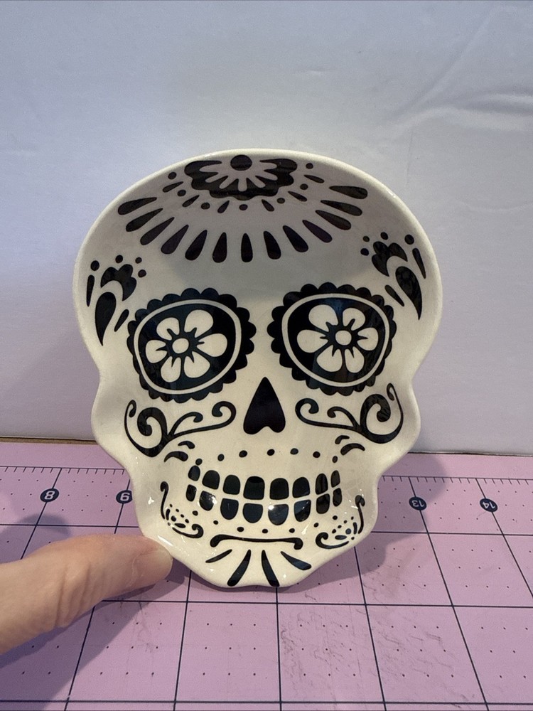 Stoneware Sugar Skull Trinket Jewelry Tray Black & White