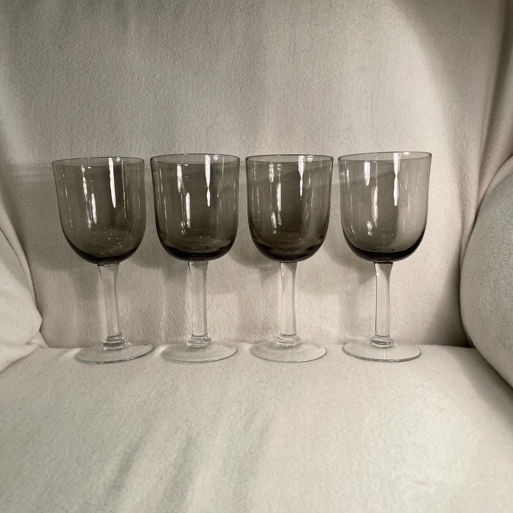 Set 4 Vtg Smoke Gray Glass Wine/ Water Goblets Clear Glass Stem Hand Blown