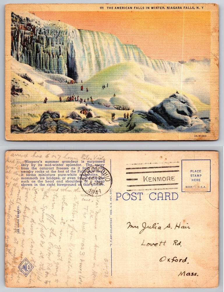 1941 Niagara Falls American Falls Winter Linen Postcard Ohio Postmark
