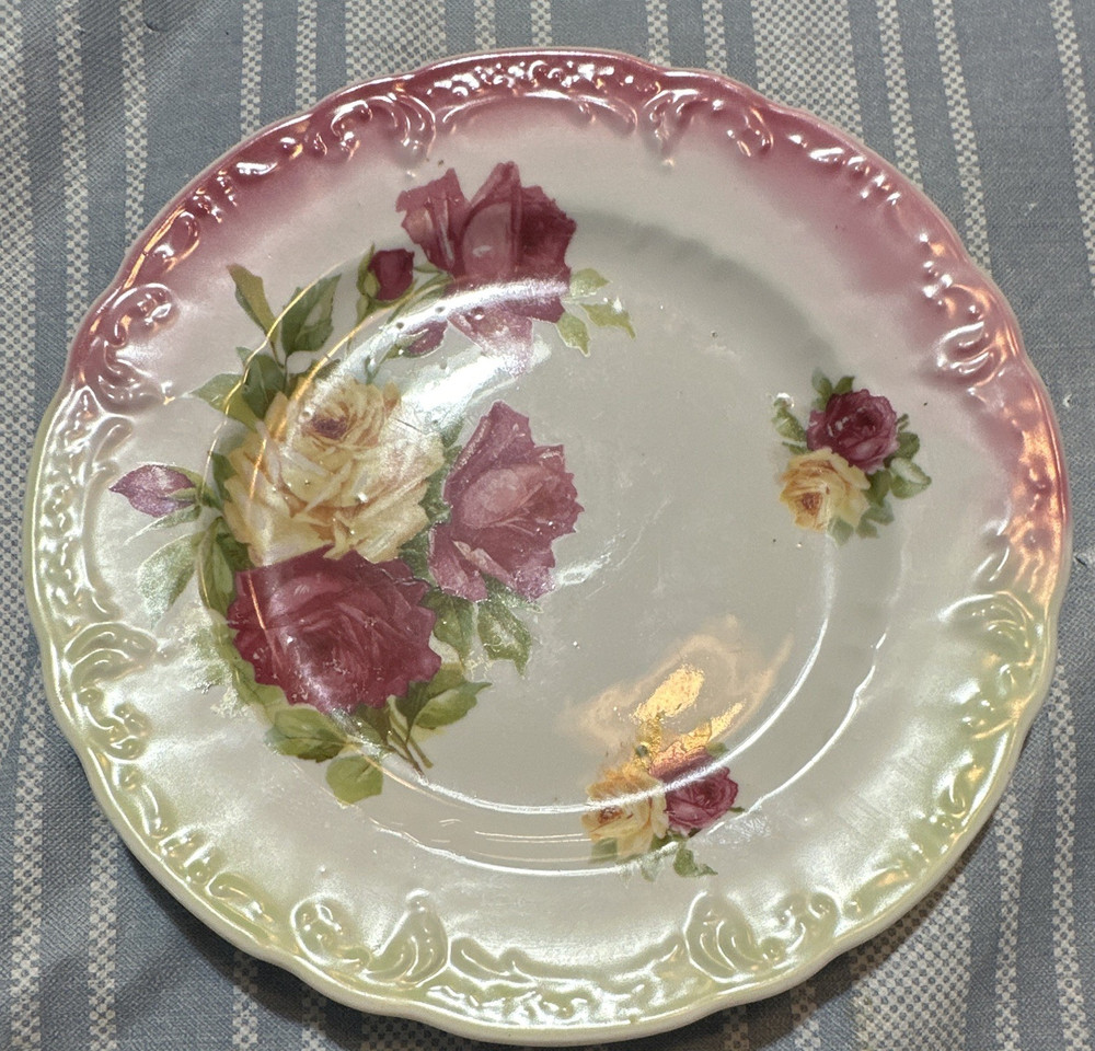 Porcelain Floral Pink Rose Plate White Glossy Round Embossed Rim Printed