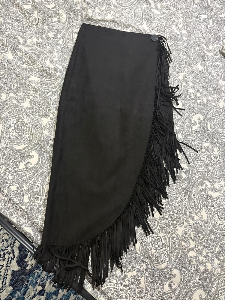 Zara Women's Black Suede Fringe Wrap Skirt, Size S (Item #1145)