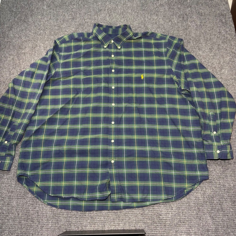 Polo Ralph Lauren Mens 3XB Big Plaid Button Down Shirt Green Blue Yellow Cotton