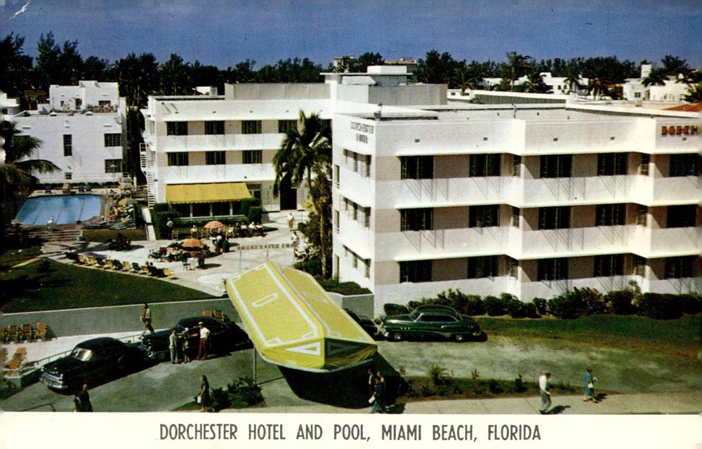 1955 Dorchester Hotel Miami Beach Florida Art Deco MCM Pool Postcard