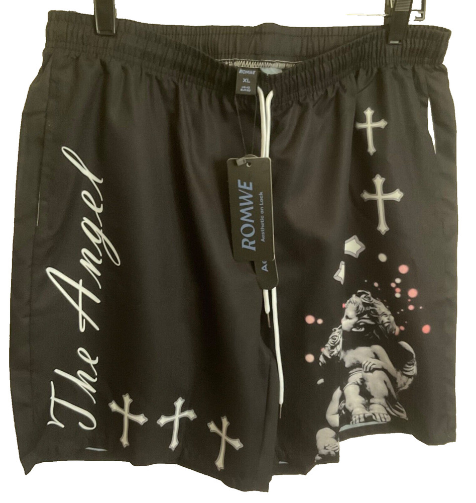 ROMWE NWT Men’s Size XL Angel & Cross Stars Goth Black Shorts
