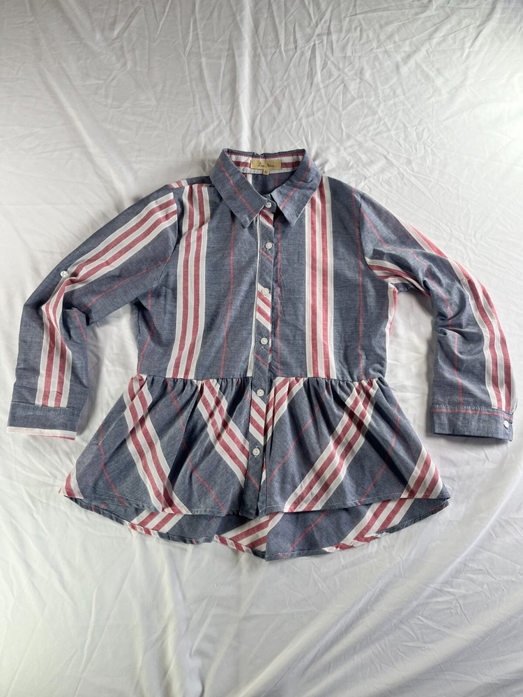 Red White & Blue Love Notes Button Up Blouse Size L Junior Girls