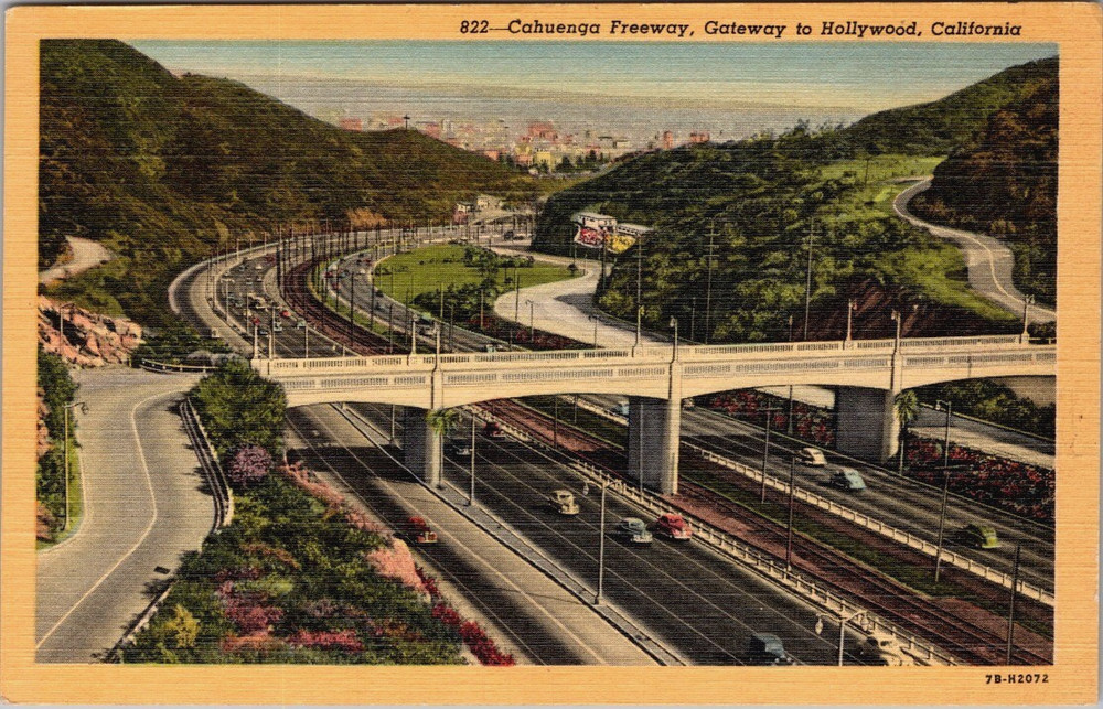 Cahuenga Freeway  Hollywood California CA Linen Vintage Postcard