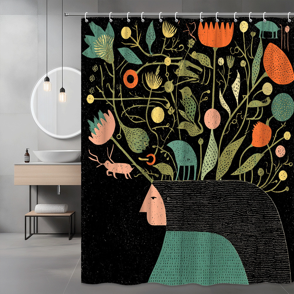 Boho Floral Animal Shower Curtain Black Abstract Print