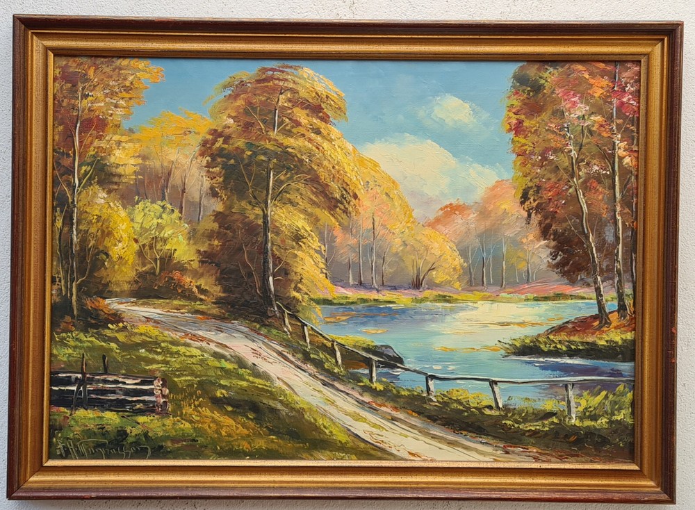Beautiful Antique Oil Painting Artwork Framed Landscape Forest Lake Autumn
