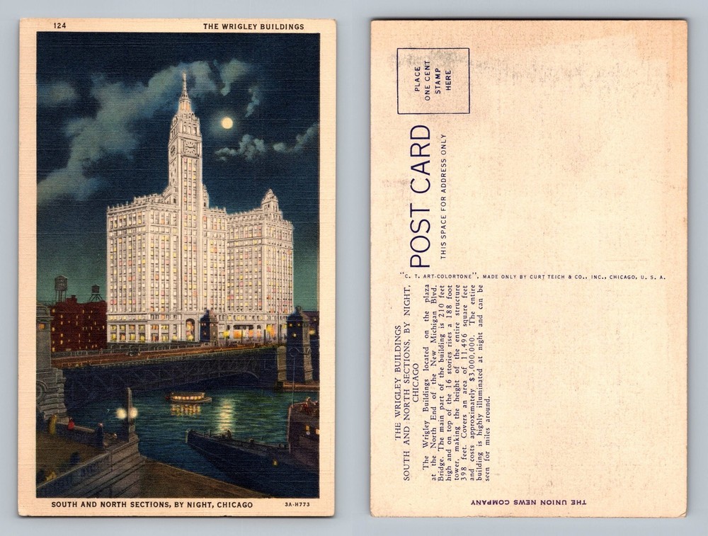 Chicago, IL-Illinois, Wrigley Buildings by Night River Scene Vintage Postcard
