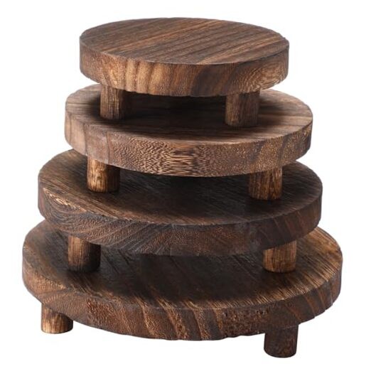 4 Pcs Brown Wooden Display Risers - Pedestal Stands for Mini Trays