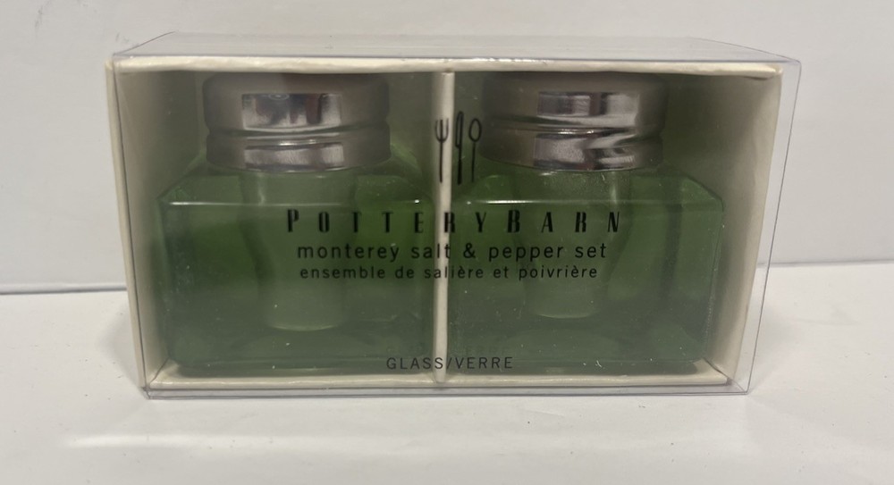 Set (2) POTTERY BARN Monterey Salt & Pepper Shakers Emerald Glass Cube Vintage