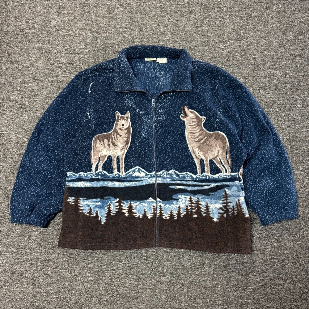 Vintage 90s Wolf Collections ETC Outdoor AOP Fleece Jacket Mens Sz XL Blue