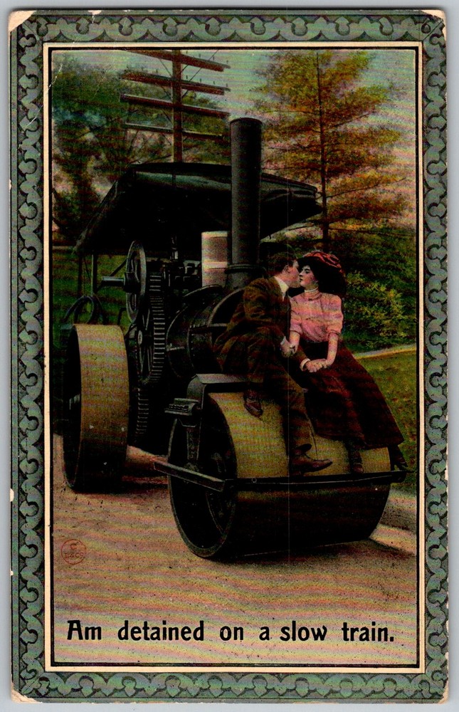 Antique Postcard Steamroller Kissing Couple Bowling Green, KY 1900s