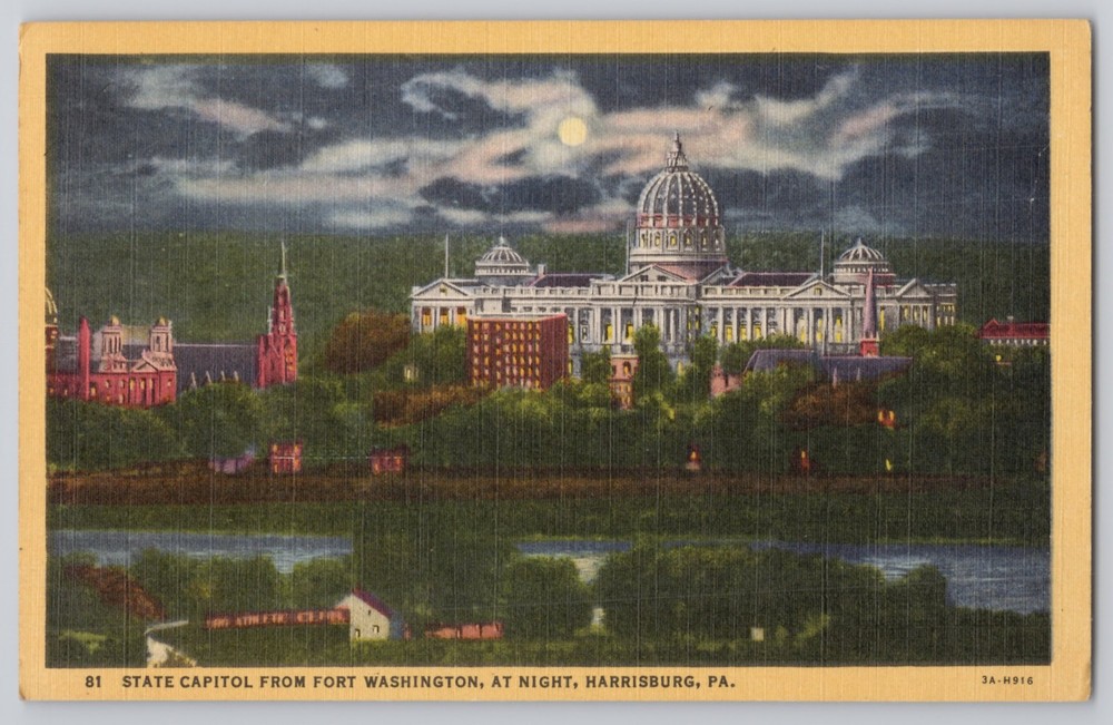Harrisburg, PA State Capitol from Fort Washington, at Night, Curteich Linen