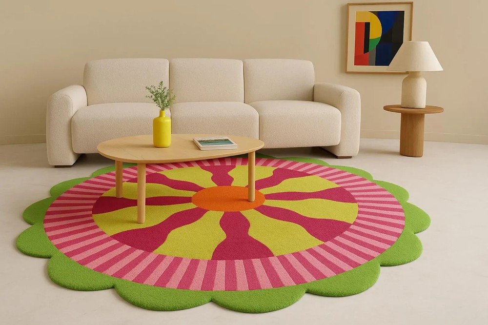 Bloom Burst Round Handtufted Rug – Irregular Floral Modern Wool Carpet, Colorful
