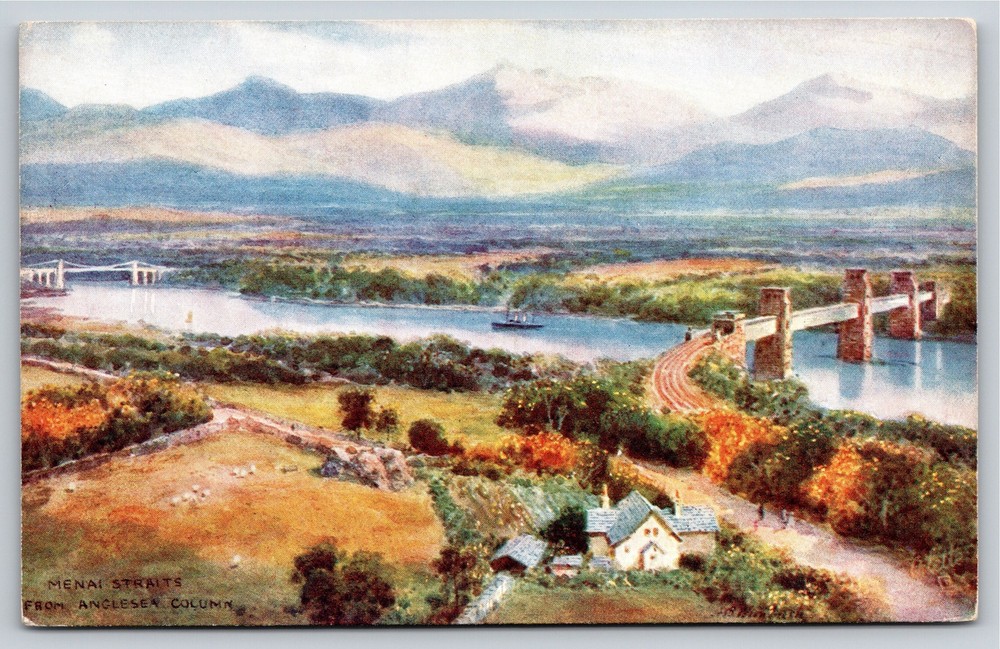 TUCK~Air View Menai Straits From Angle Sea Column Oilette~Vintage Postcard