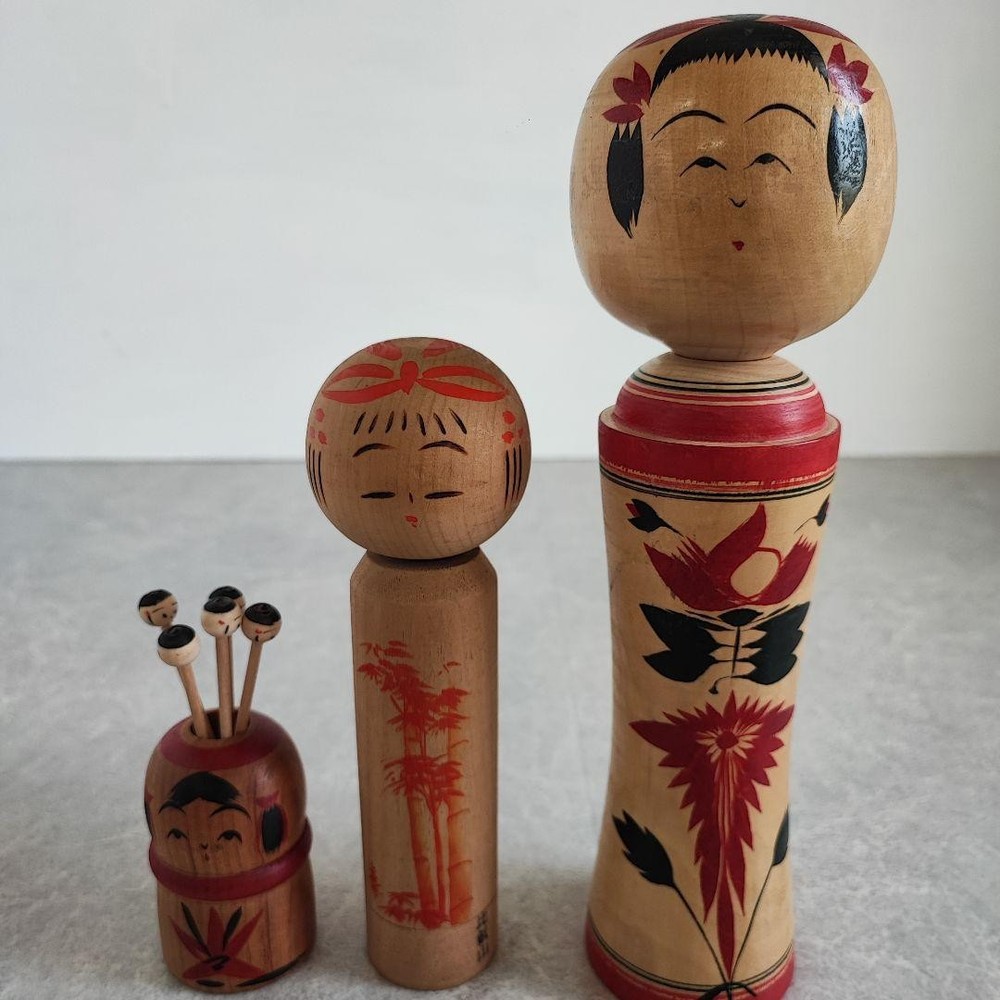 Sakunami Naruko Kokeshi Doll Set of 3 Toothpick Holders Cute Figurines