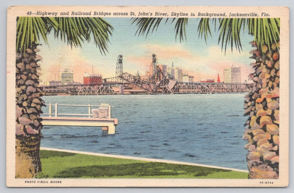 Vintage Jacksonville FL St. Johns River Bridges Skyline Florida Postcard