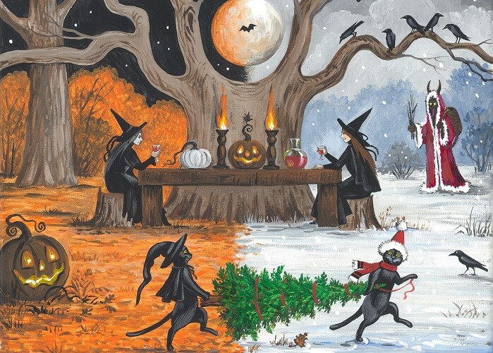 5x7 print OF PAINTING HALLOWEEN RYTA KRAMPUS SALEM BLACK CAT Folk Art Xmas Pagan