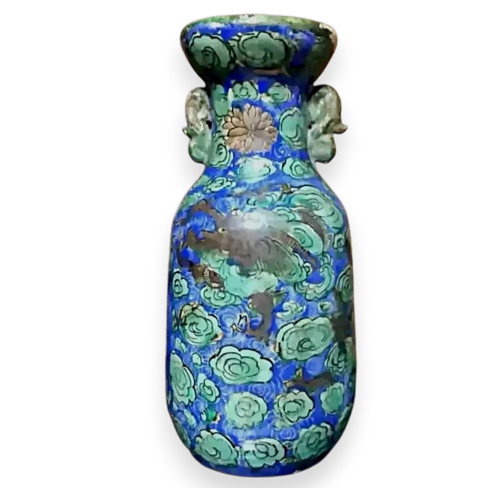 Japanese Ceramic Vase Meiji Period Antique Jar Vessel Hand Painted Dragon 10.2in