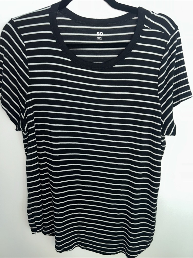 So Women's Black/White Striped Short Sleeve Rayon/Spandex Top