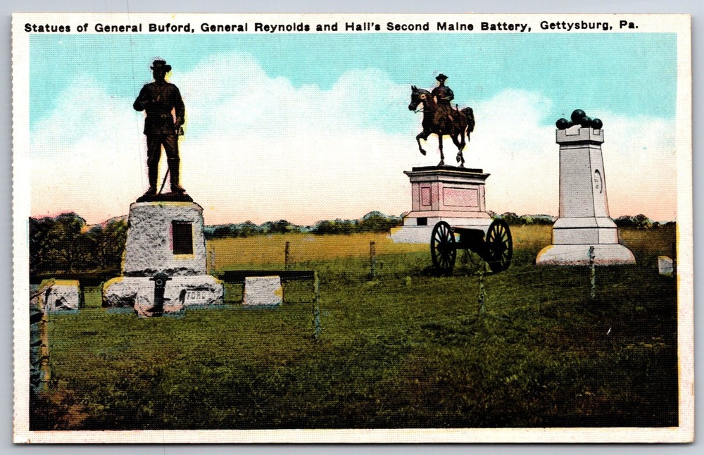 Civil War~Gettysburg PA~Statues Of General Buford & Reynolds~Vintage Postcard