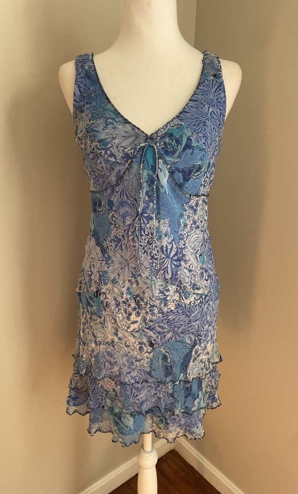 Vintage Women 6P Dress Y2K Silk Babydoll Tiered Blue Bead Bias Cut Robbie Bee