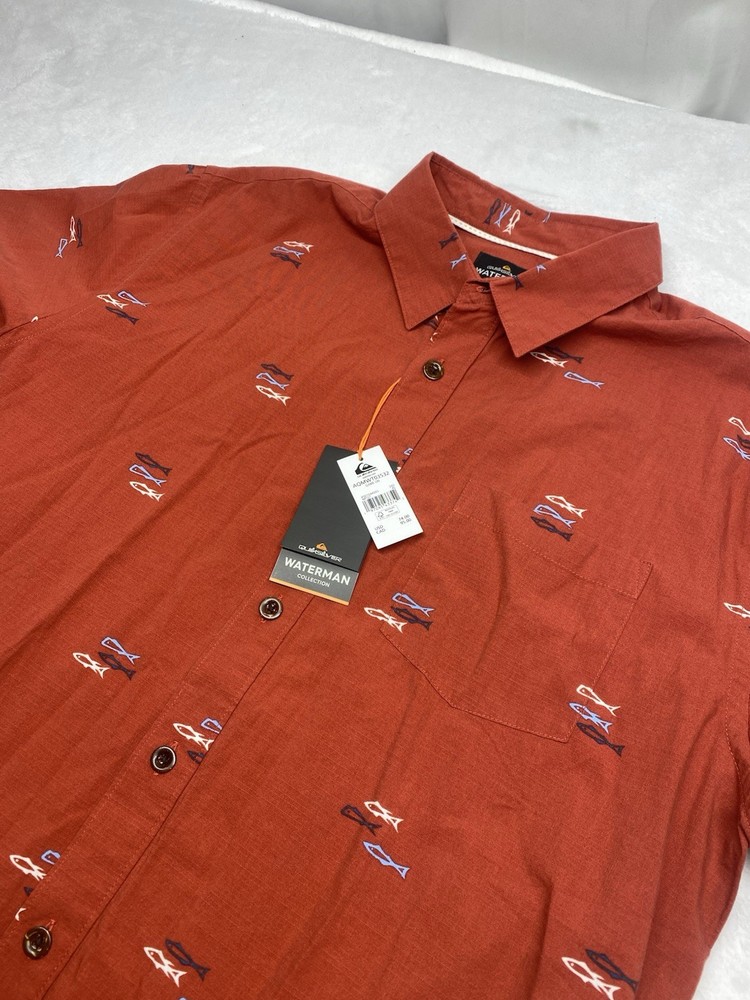 Quicksilver Waterman Collection Men’s Short Sleeve Button Up Shirt Fish Xl Nwt