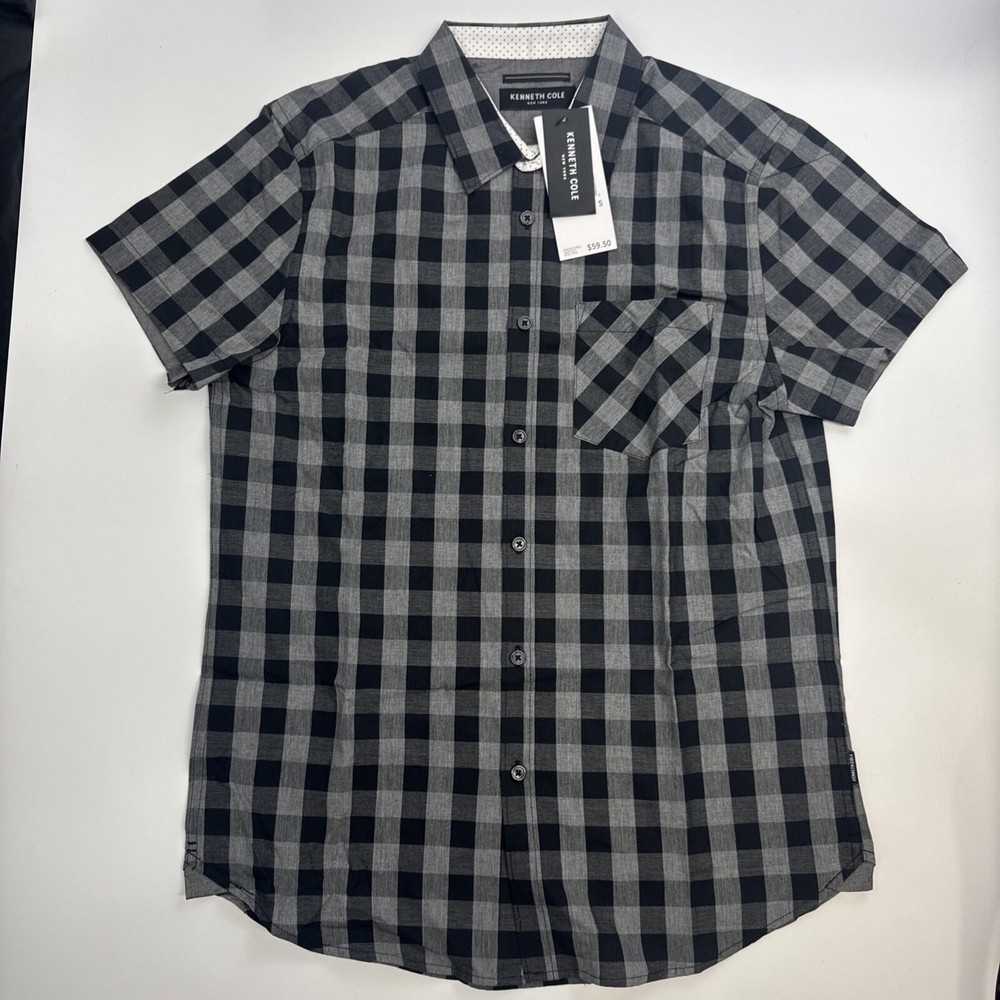 Kenneth Cole Reaction Shirt Men’s Small Grey Black Grey Plaid Short Sleeve