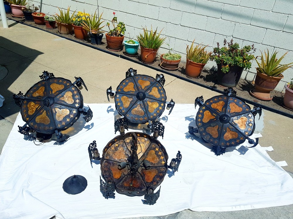 4 Spanish medieval gothic style chandeliers black wrought iron with amber mica.