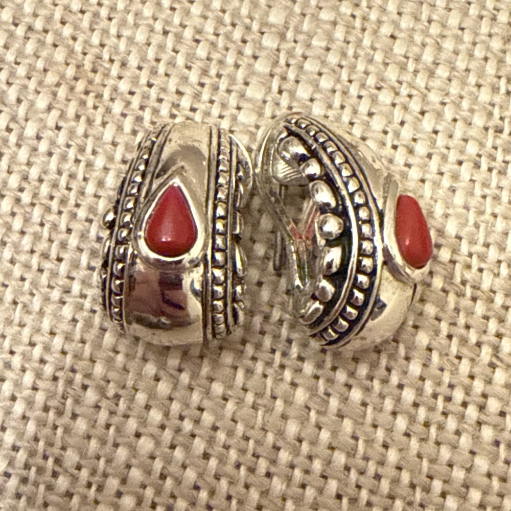 VTG Premiere Designs Silver Boho Half Hoop Faux Coral Earrings Clip Or Pierced