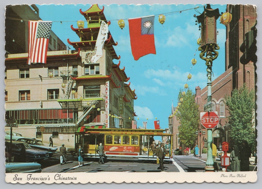 San Francisco California~Chinatown~Flags~Cable Car~Continental Postcard