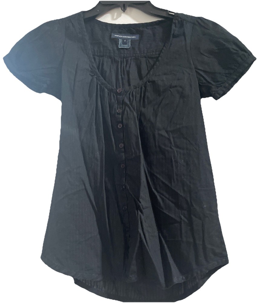 French Connection Black Short Sleeve Cotton Blouse Button Down Size 2