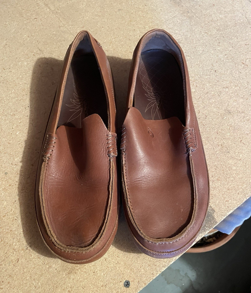 OluKai Kulana Men's Brown Leather Slip-On Casual Shoes US 12 EU 45 Rubber