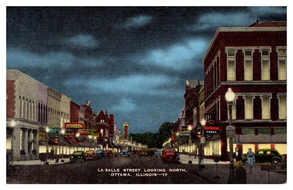 1940s La Salle Street Looking North at Night Ottawa Illinois Vintage Postcard
