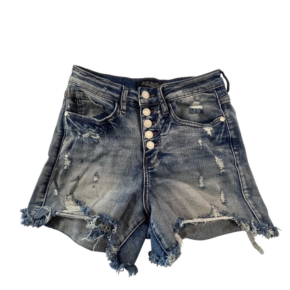 Judy Blue Denim Shorts Women's Size S Distressed Frayed Hem Button Fly