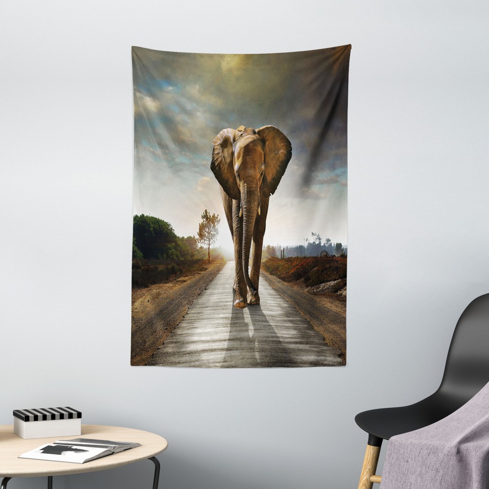 Elephant Tapestry Walking Down a Road Print Wall Hanging Decor