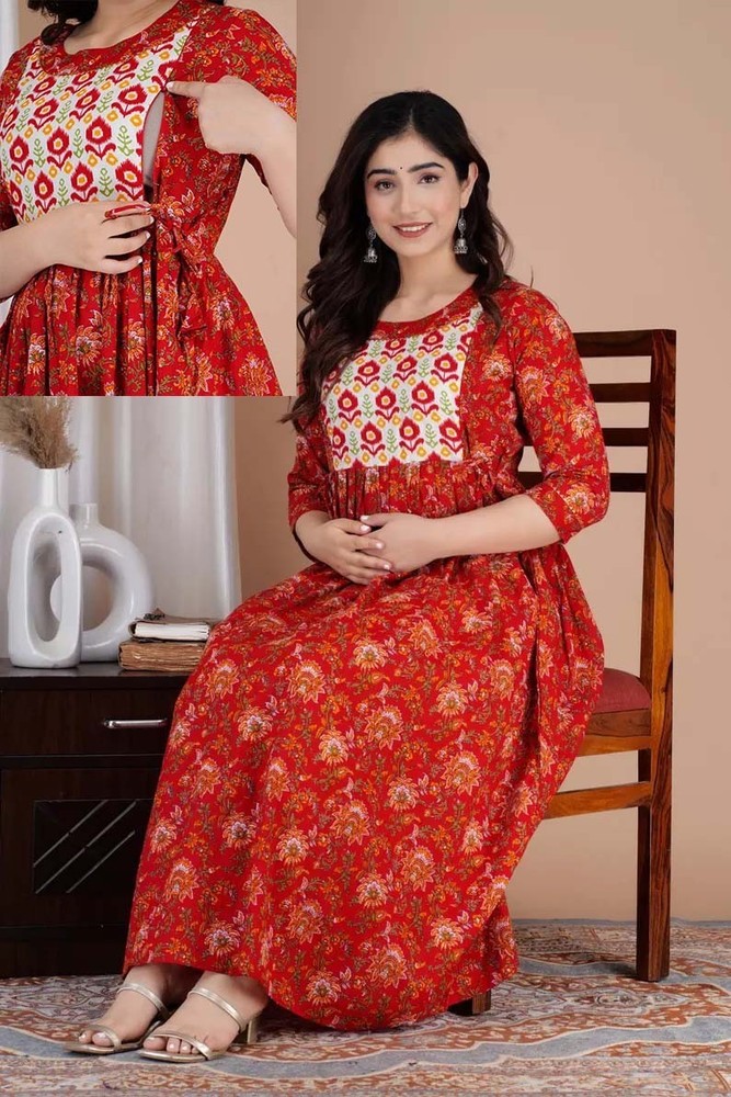 RED COLOUR COTTON BLOCK Print Maternity Gowns Maxi comfortable casual wear dress