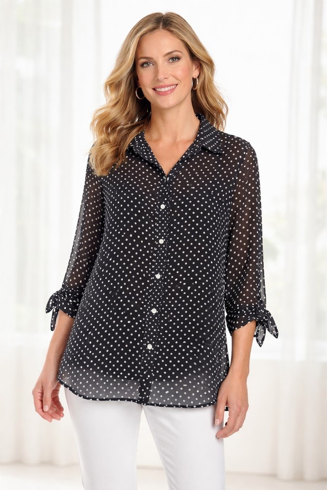 Draper’s & Damon’s Women’s 2X Black White Polka Dot Blouse Button Front Sheer Li