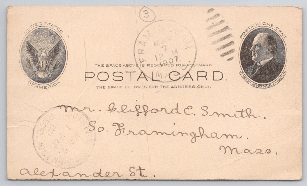1907 Framingham MA Epworth League Meeting Postal Card McKinley Stamp