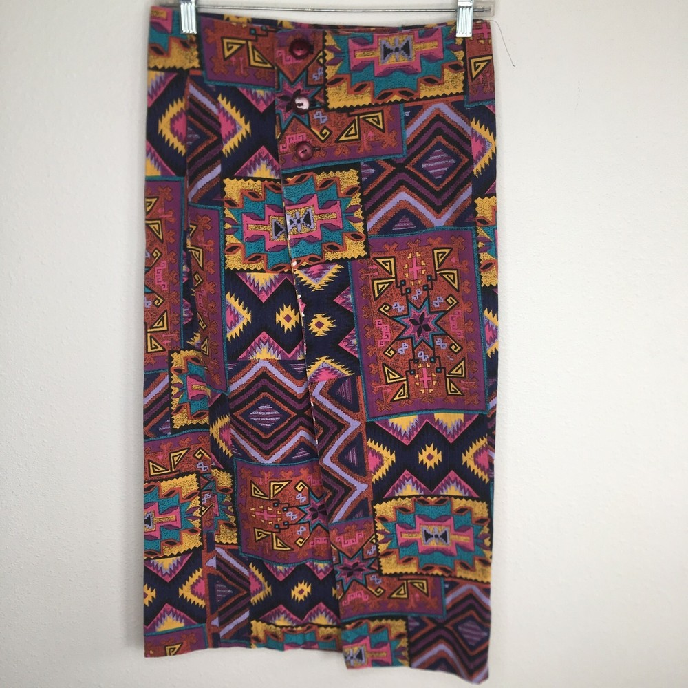 Vintage 80s Abstract Print Wrap Midi Skirt Button Front Size W31.5-image