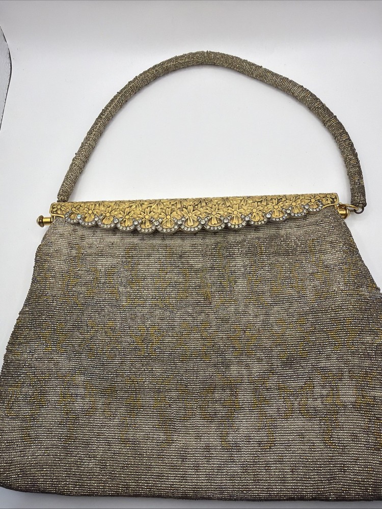 Vintage Jorelle Micro Beaded Handbag Silver Gold Metallic Formal Clutch France
