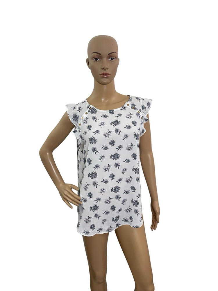 Loft Women’s Size Small Sleeveless Round Neck White Floral Ruffled Blouse