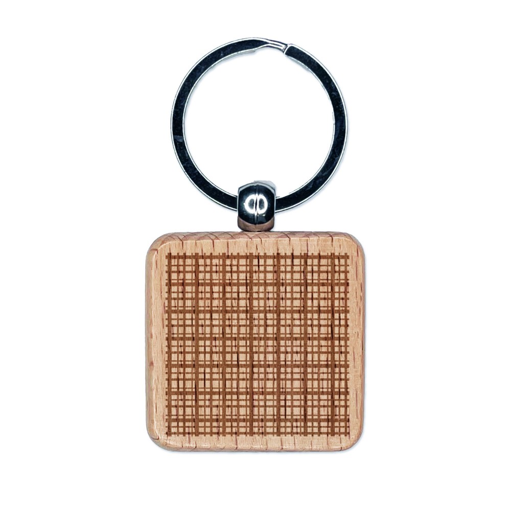 Plaid Lines Engraved Wood Square Keychain Tag Charm