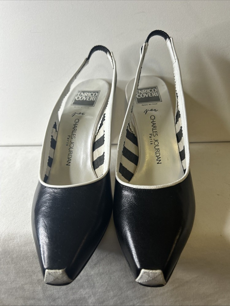 Charles Jourdan Paris Leather Heels Size 7 AA Made In Italy Black & White