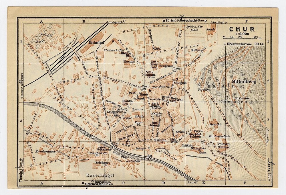 1930 Original Vintage City Map Of Chur / Coire / Graubuenden / Switzerland