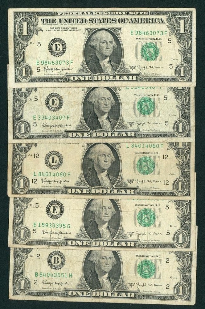 (( 5 NOTES )) $1 1963 ((JOSEPH BARR)) Federal Reserve Note ** CURRENCY AUCTIONS