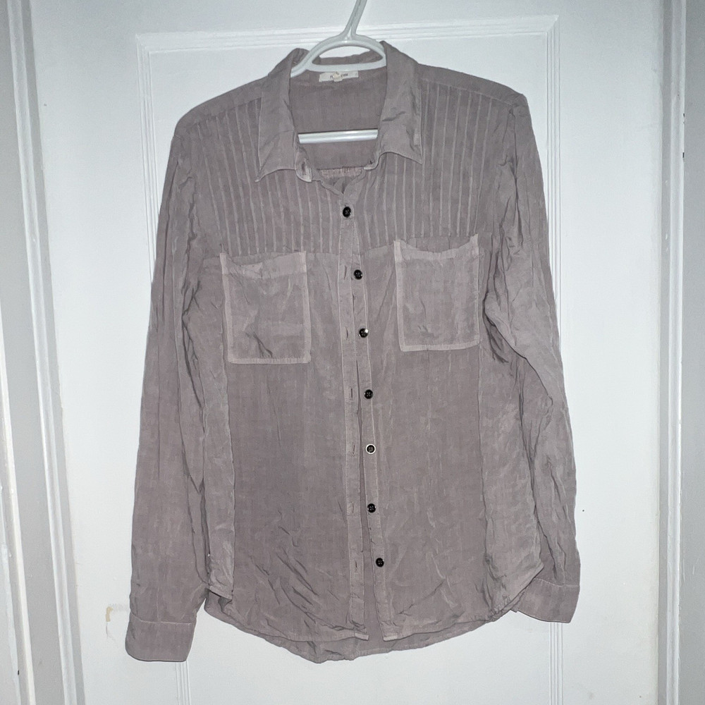 maurices Women's Shirt L Gray Solid Collared Long Sleeve Button-Up Rayon Woven