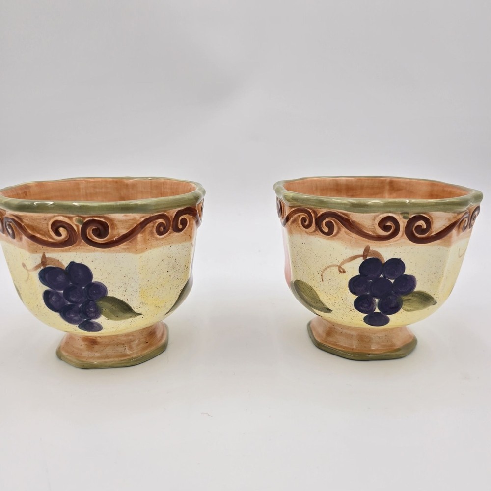 Ceramic Coffee Cups Set Of 2 Fruit Pattern Green & Orange Vintage