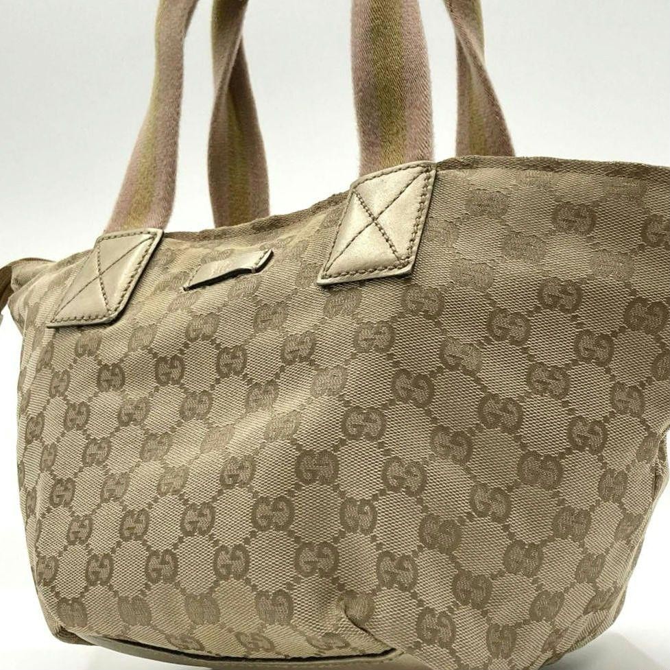 Gucci GG Canvas Sherry Line Beige Gold Leather Tote Bag Pre-Owned